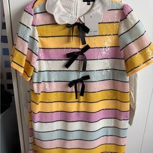 NWT Colorful Striped Sequin Dress with Bow Accents